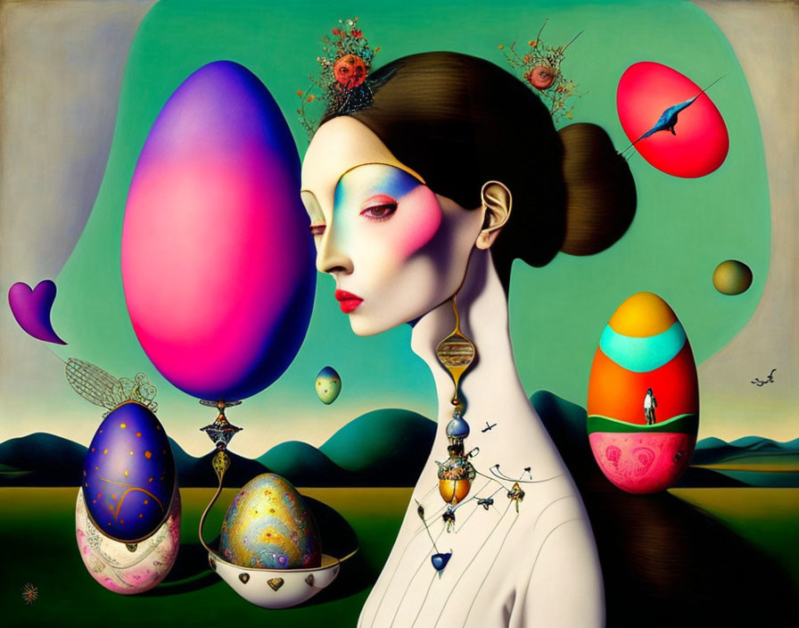 Colorful Surrealistic Painting of Woman with Floating Decorated Eggs