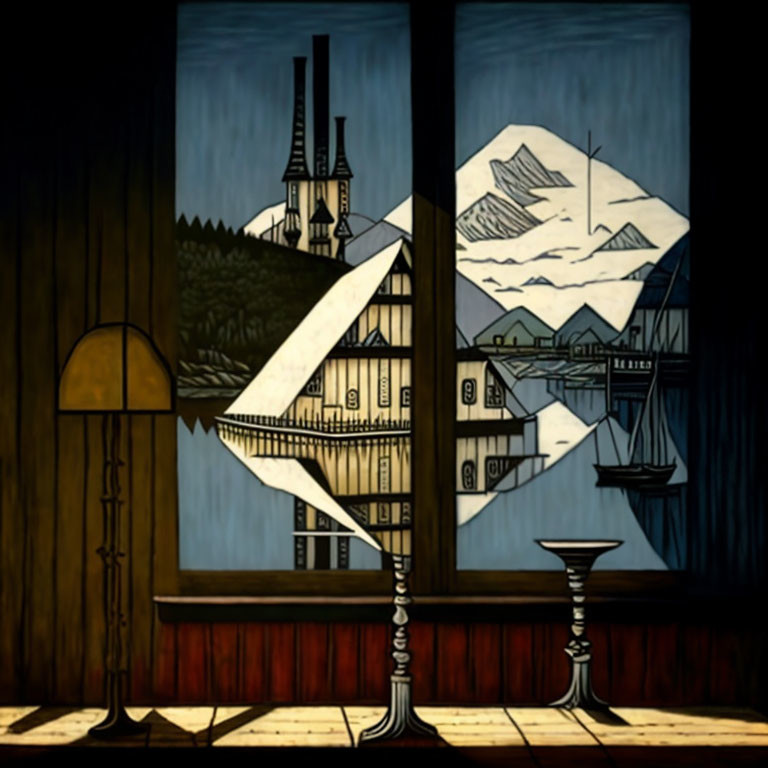 Room painting with fractured window view: industrial tower, mountain, village.