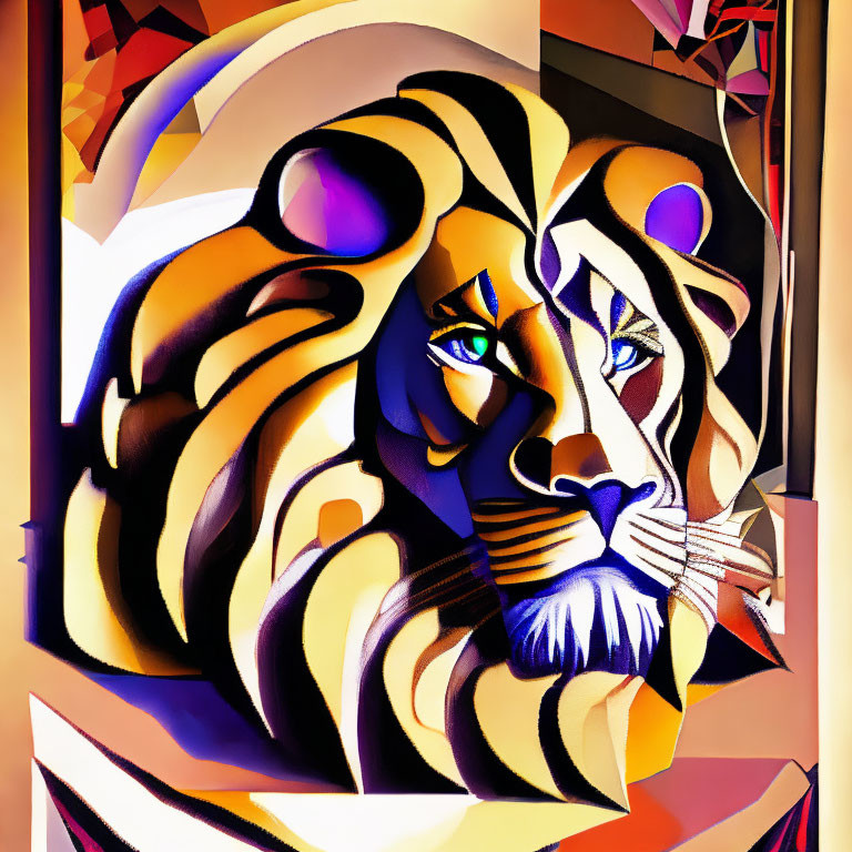 Vibrant Cubist Lion Face Art with Geometric Shapes