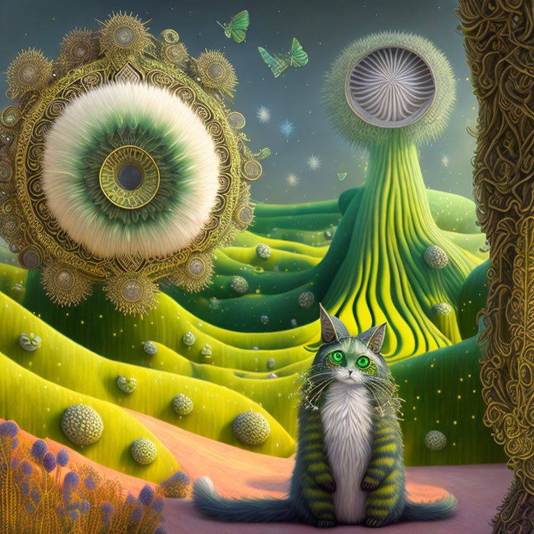 Green-eyed cat in surreal landscape with vibrant hills and starry sky