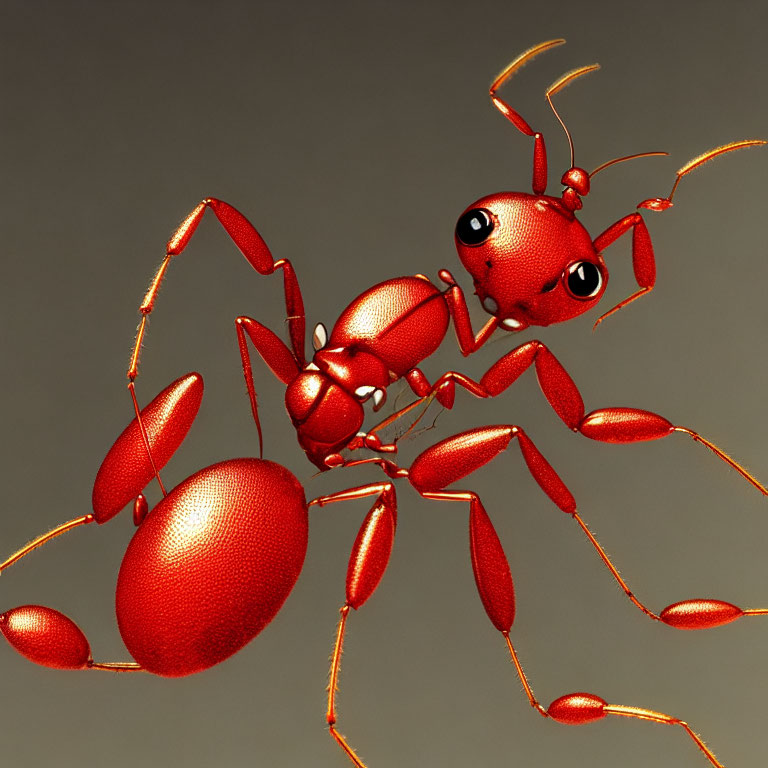 Metallic Red Ant with Detailed Joints on Tan Background