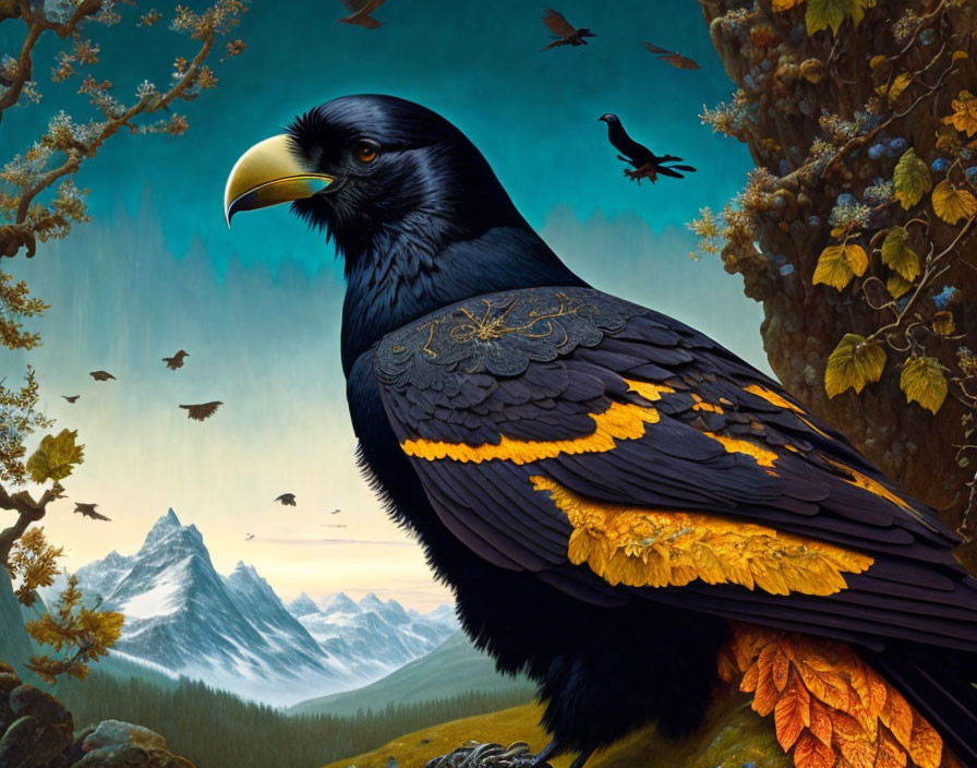 Majestic black raven with gold feathers in autumn landscape