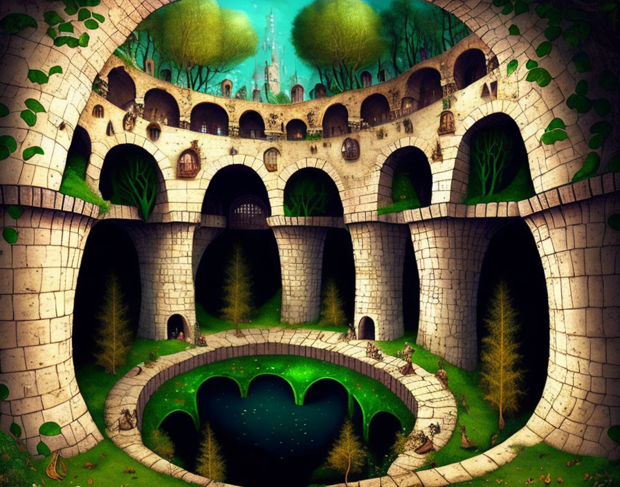 Surreal stone structure with archways by heart-shaped pond