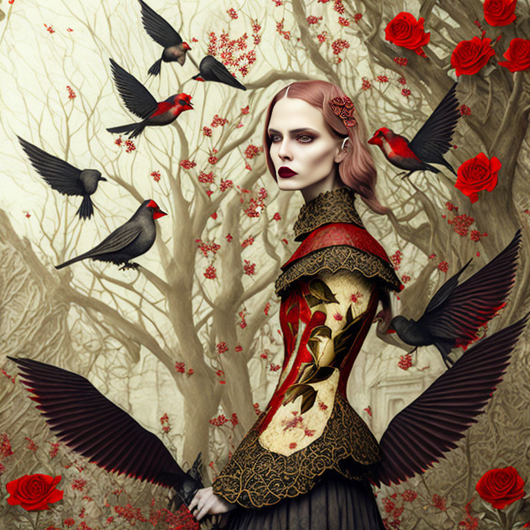 Gothic-styled woman with blackbirds and roses in forest setting