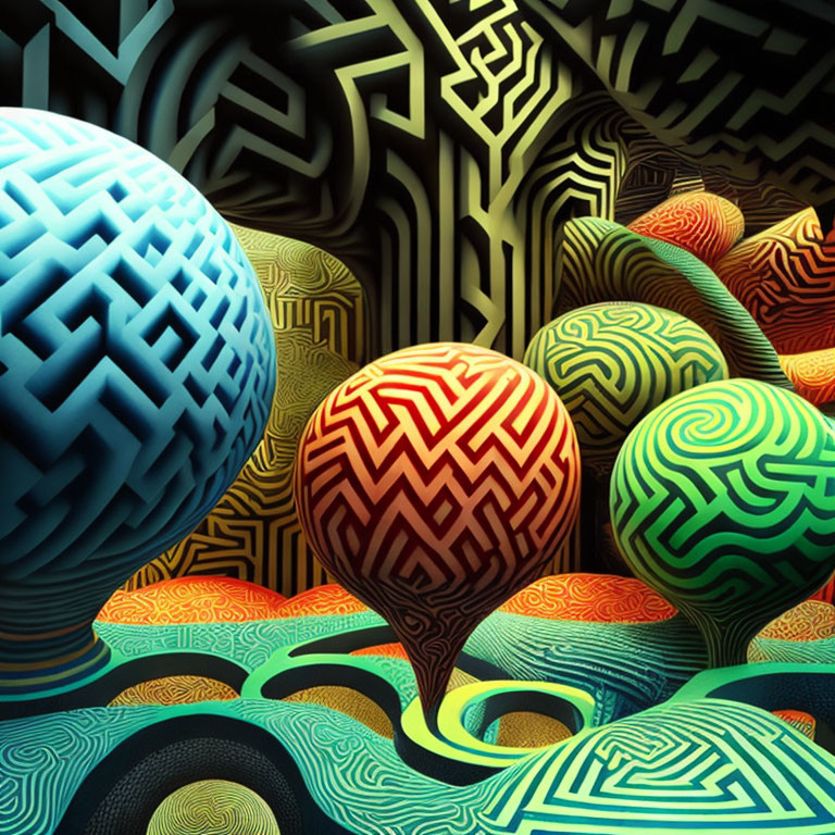 Intricate maze-like patterns on colorful spheres in labyrinthine background