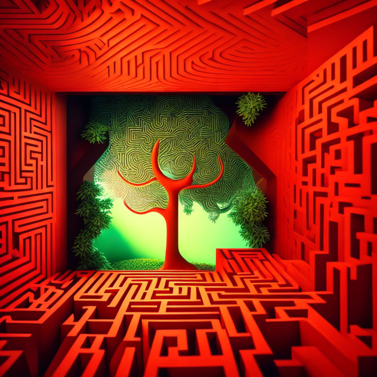 Intricate Red Maze with Green-lit Central Area