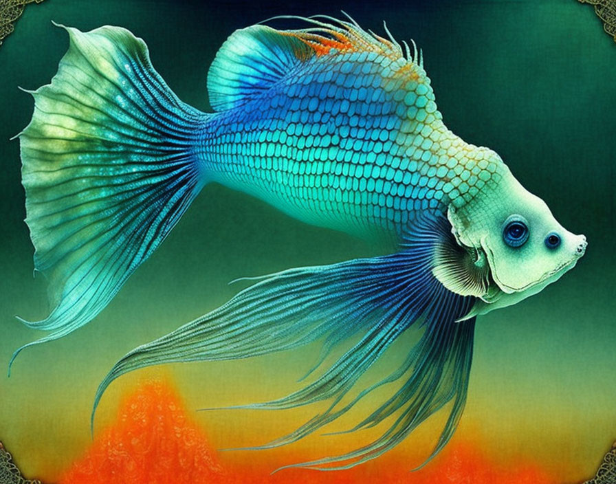 Colorful Betta Fish Swimming in Blue and Orange Against Teal Background