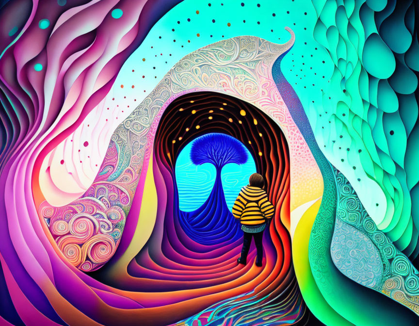 Child in front of vibrant psychedelic tunnel with blue mushroom