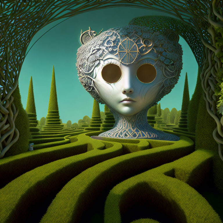 Sculpted female figure head in labyrinth with manicured hedges under green sky