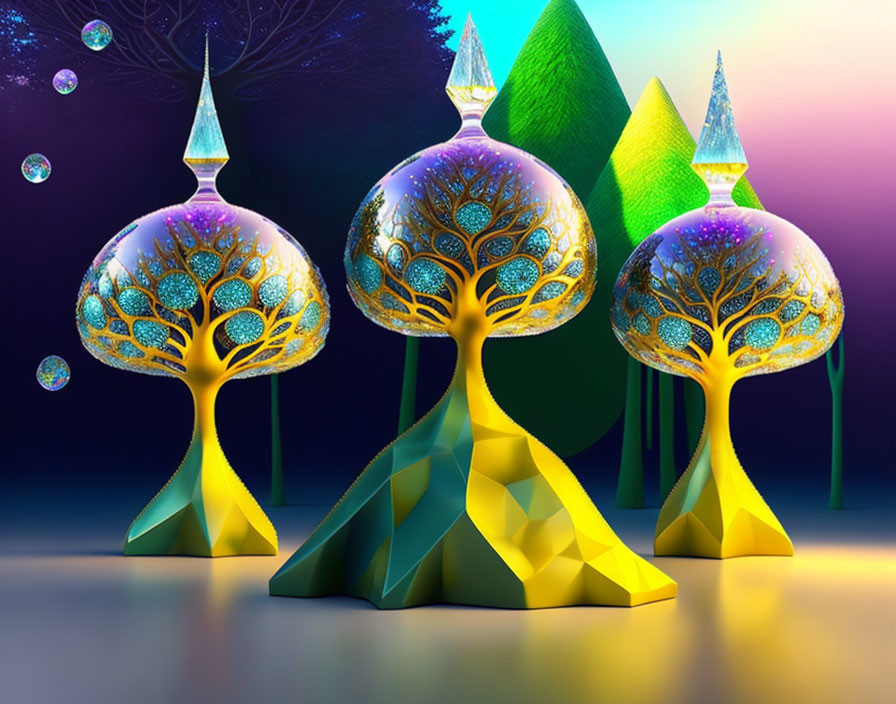 Colorful stylized trees with geometric trunks under twilight sky and floating bubbles