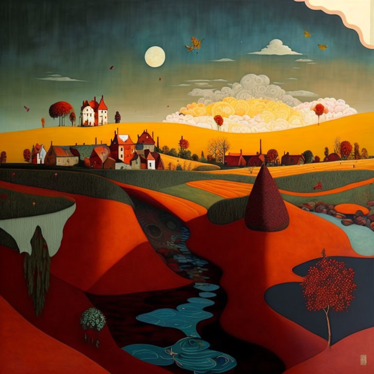 Whimsical autumn landscape with rolling hills and moon