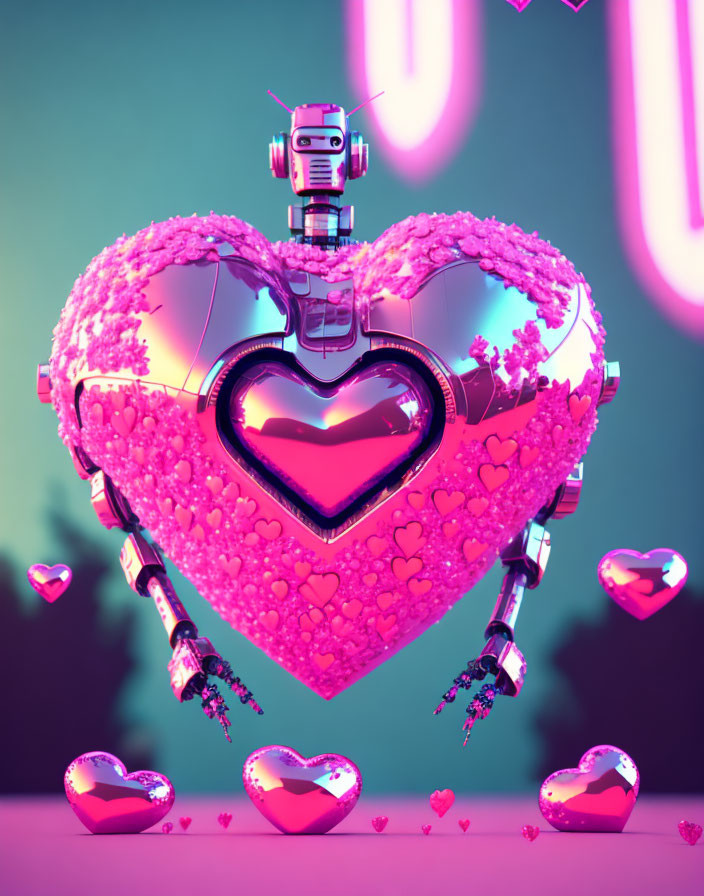 Robot with extended arms and pink heart on pink backdrop