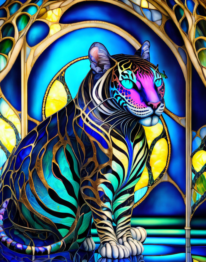 Colorful Tiger Artwork in Front of Blue and Yellow Stained Glass