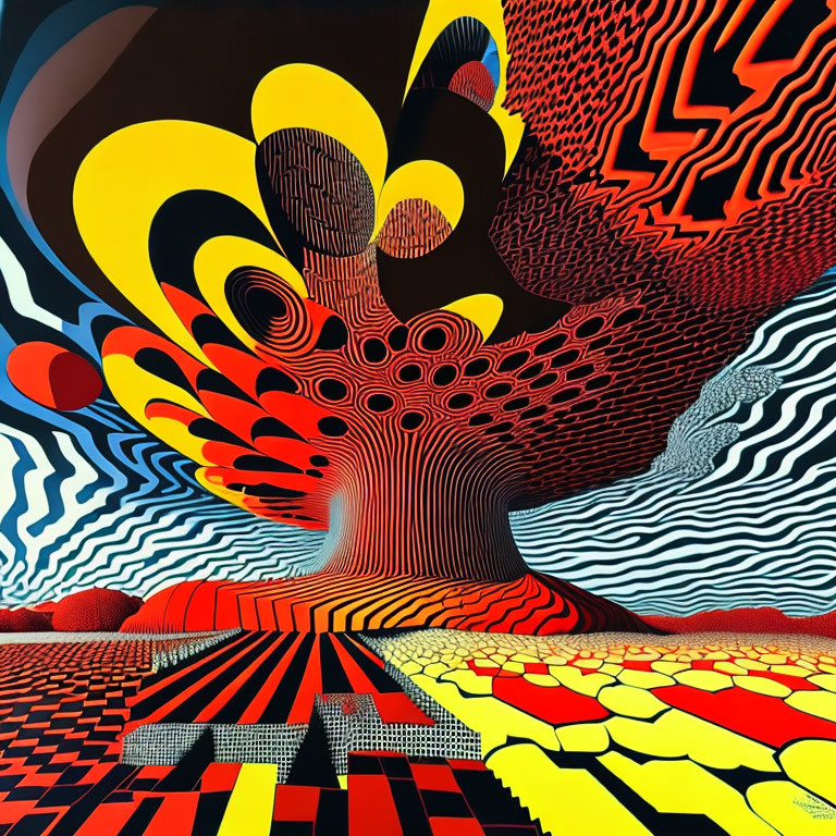 Colorful Abstract Psychedelic Art with Tree-Like Structure in Red, Yellow, Black, and