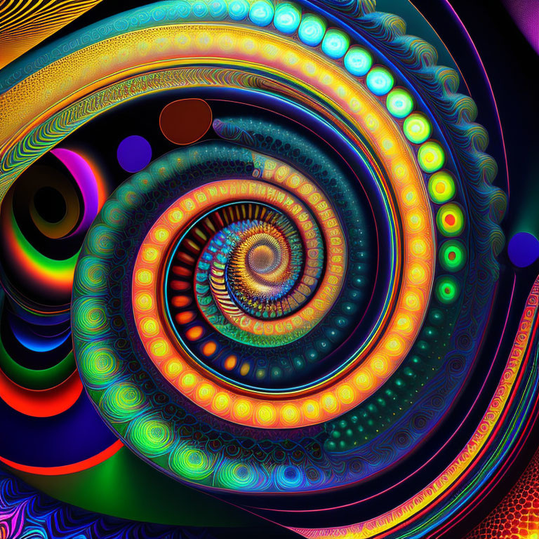 Colorful spiraling fractal design with intricate patterns in digital art