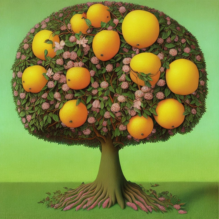 Whimsical tree illustration with orange fruits and pink flowers