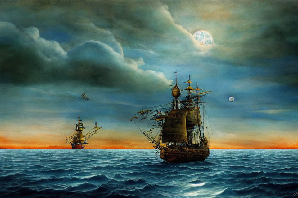 Sailing ships on calm seas at dusk with moonlit sky and sunset reflections