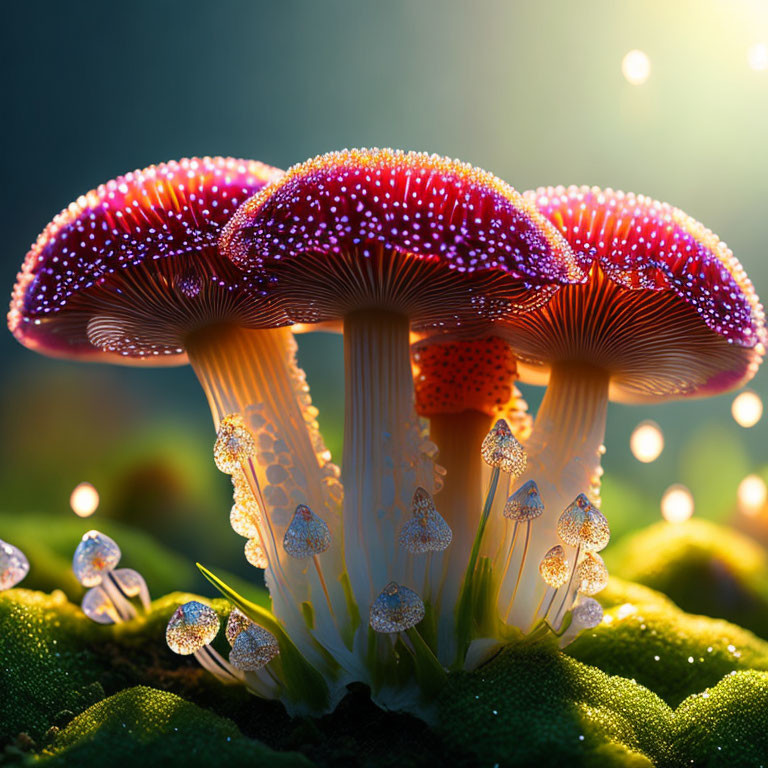 Luminescent colorful mushrooms on mossy surface with sparkling caps