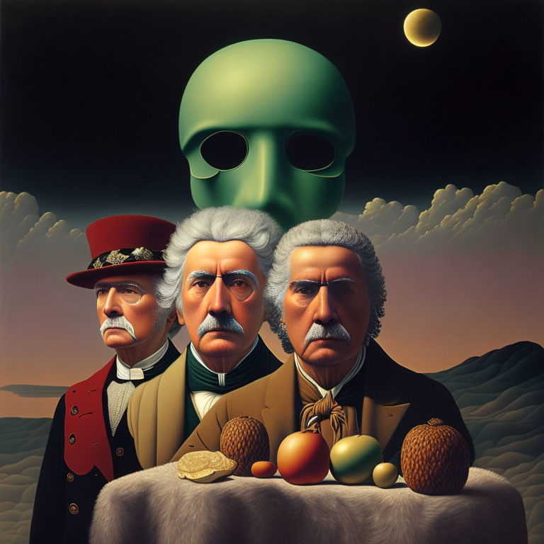 Surrealist painting: Four figures with Mark Twain's faces, headwear, alien skull,