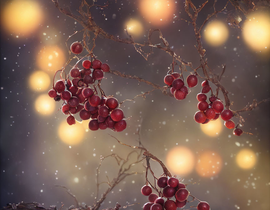 Red Berries Clusters on Branches with Bokeh Background and Snowflakes