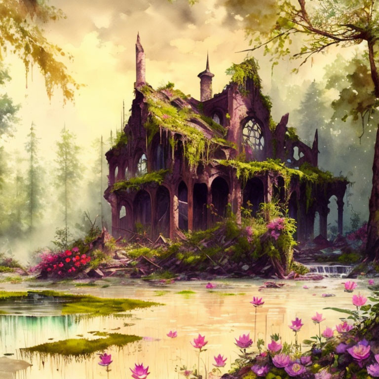 Overgrown fantasy mansion with Gothic features in lush forest by tranquil pond