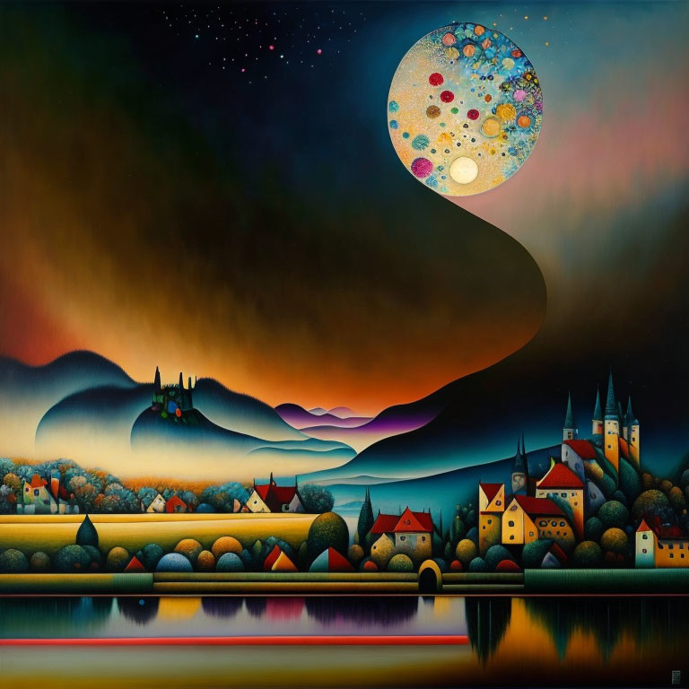 Colorful surreal landscape with castle, houses, and whimsical moon.