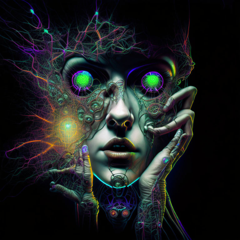 Intricate surreal portrait with luminous filigree, green eyes, and colorful energy.