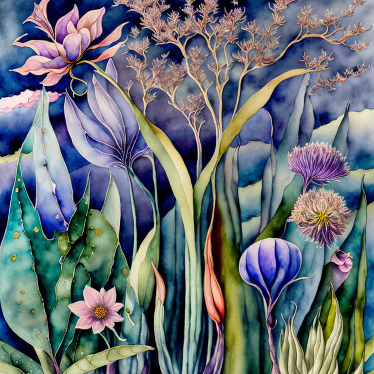 Colorful Watercolor Painting of Diverse Plants in Pink, Purple, and Green