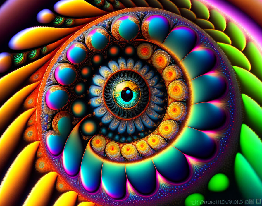 Colorful fractal art with central eye pattern and swirling shapes