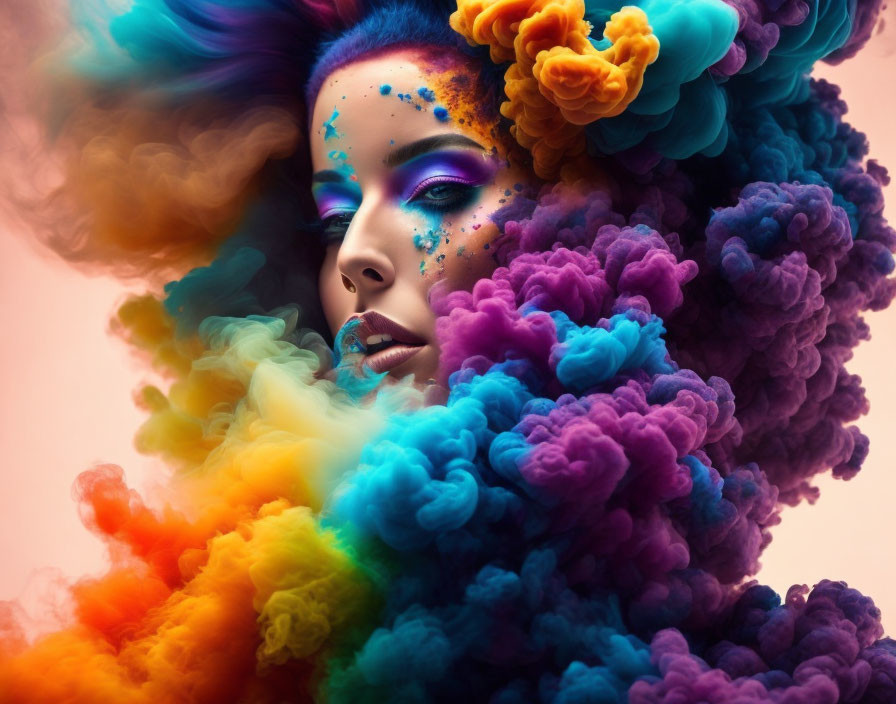 Colorful Smoke Surrounds Woman with Vibrant Makeup