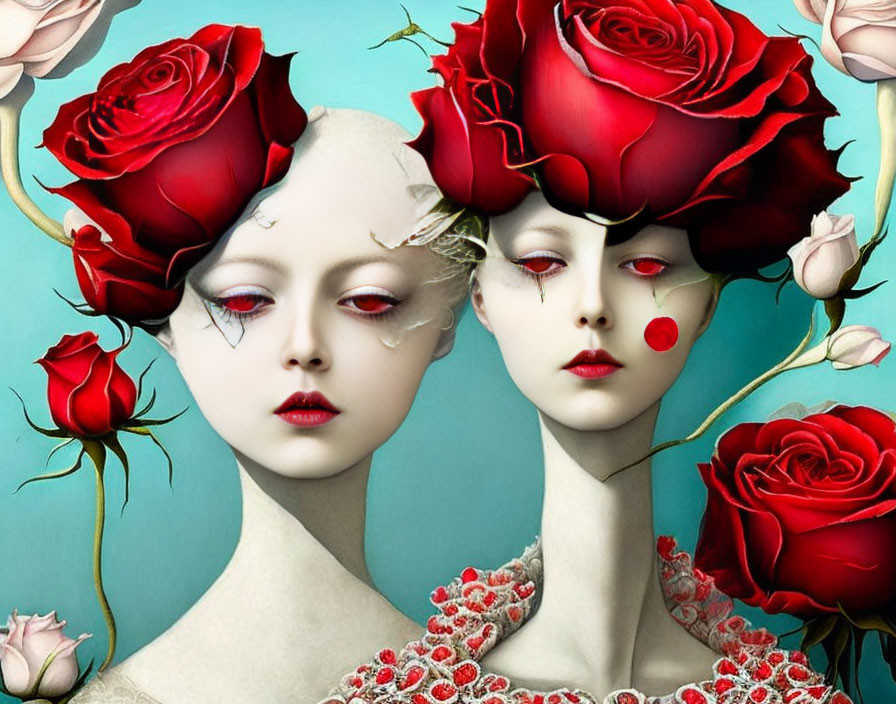 Porcelain-like figures with rose hair in teal backdrop.