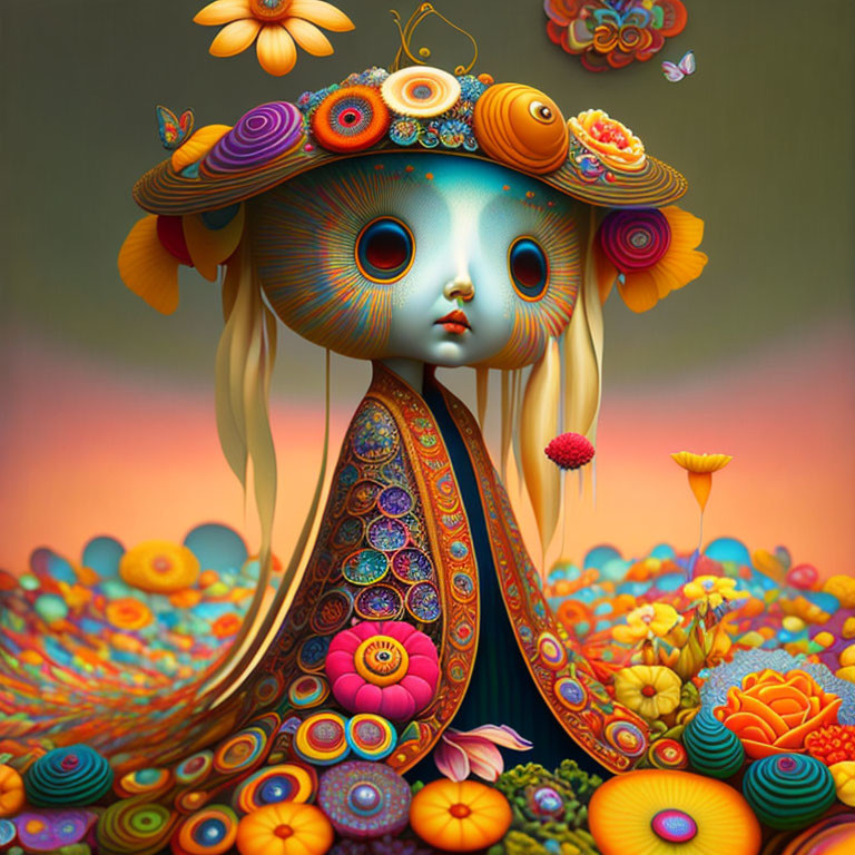 Colorful digital artwork: Surreal character in floral hat and cloak amidst fantasy flora