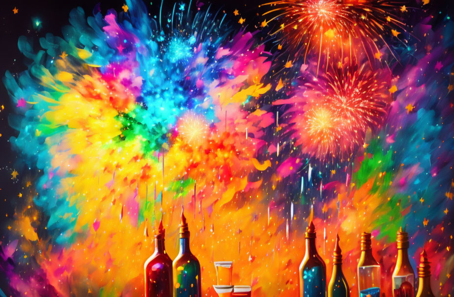 Vibrant artwork of fireworks above silhouetted bottles and glasses