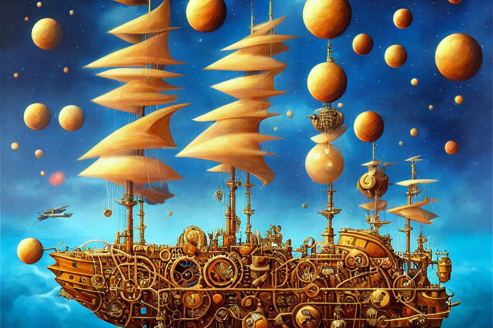 Fantastical painting of flying ships armada under blue sky