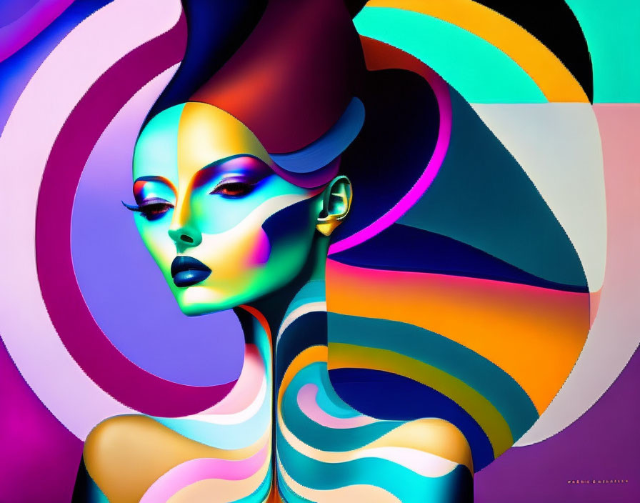 Colorful digital artwork featuring stylized female figure with flowing shapes.