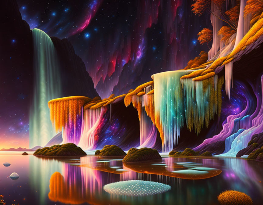 Colorful surreal landscape with waterfalls, exotic plants, and starlit sky.