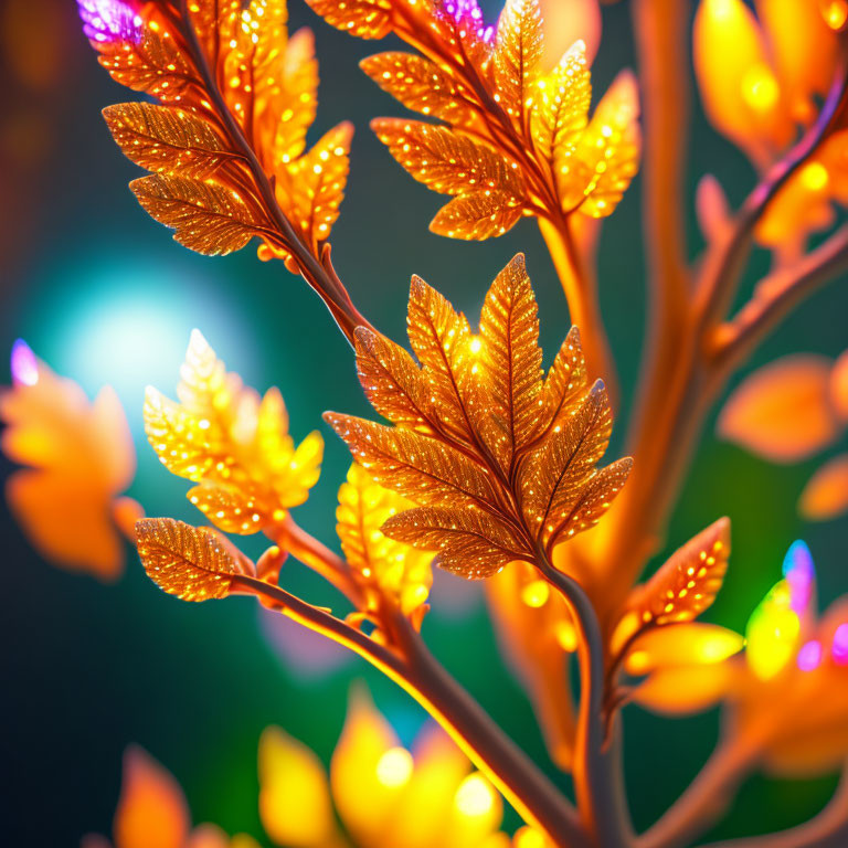 Golden leaf artificial tree with warm lights on soft focus blue and green background