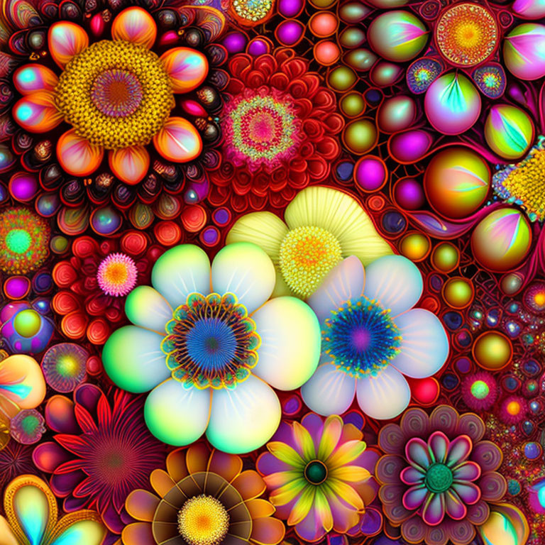 Colorful Digital Art: Intricate Flower Patterns & Psychedelic Elements