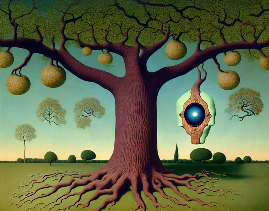 Surreal painting: Giant tree with eye in trunk, twilight sky, flat landscape