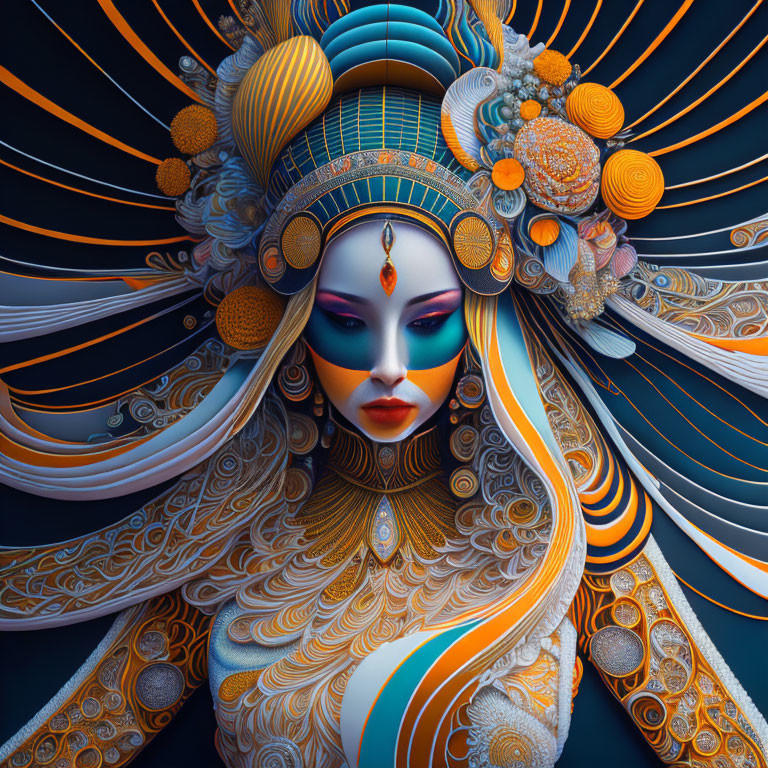 Stylized digital artwork of female figure with ornate gold and blue headdress