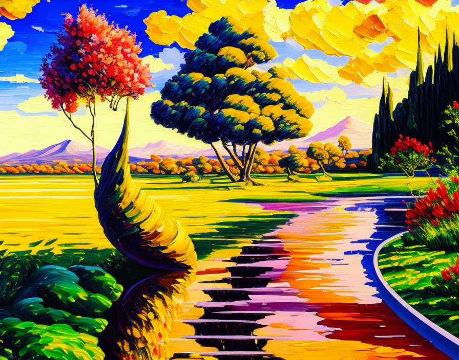 Vivid landscape painting: river, colorful trees, path, mountains, bright sky