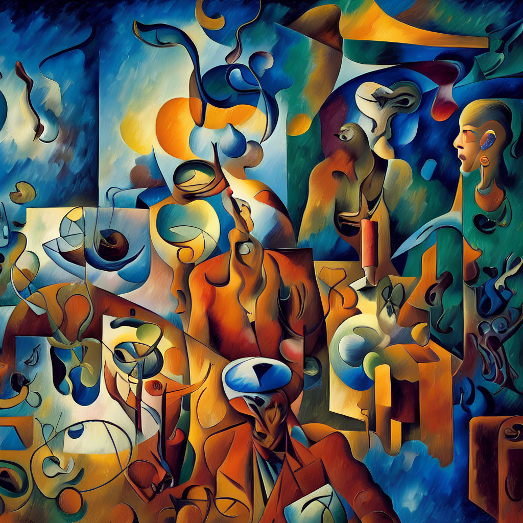 Colorful Cubist Painting with Distorted Figures & Geometric Shapes