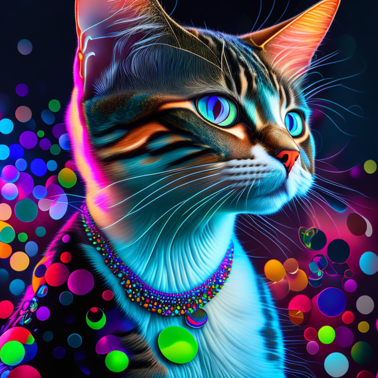 Colorful Digital Artwork: Cat with Neon Highlights & Beaded Necklace