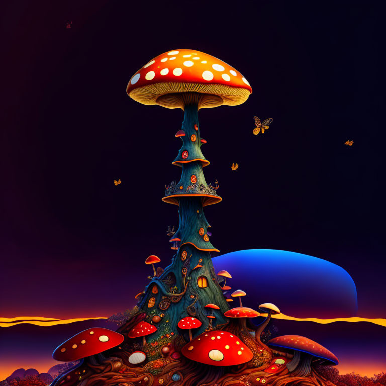 Whimsical red and white mushroom with butterflies in twilight landscape