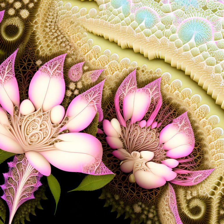 Fractal floral patterns in pink, cream, and teal on golden background