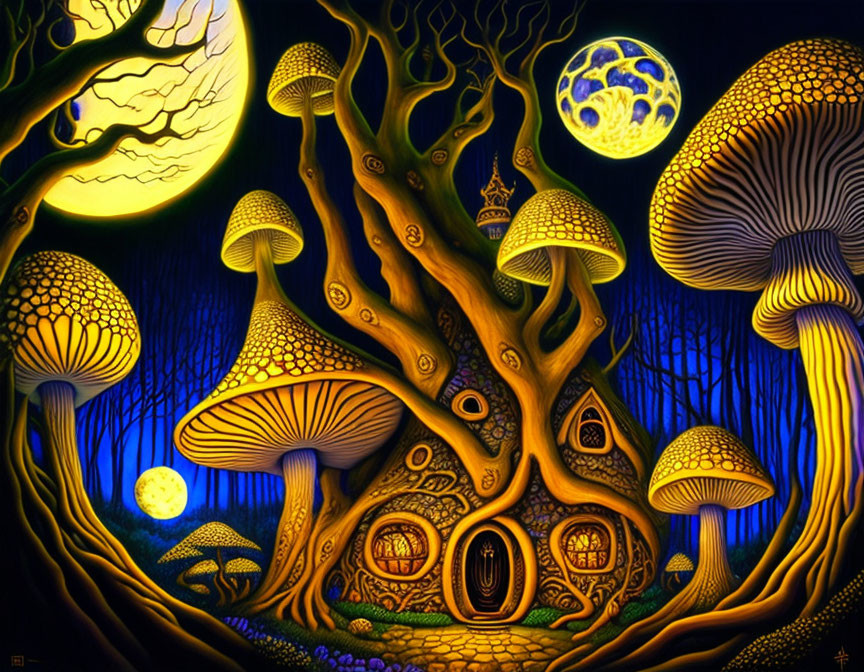 Whimsical artwork of mushroom village under two moons