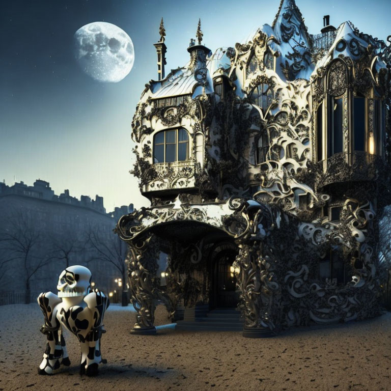 Intricate moonlit building with robot and trees