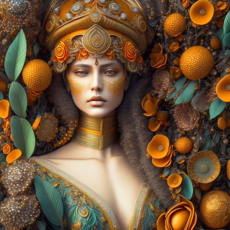 Serene figure with golden headgear in floral and citrus setting