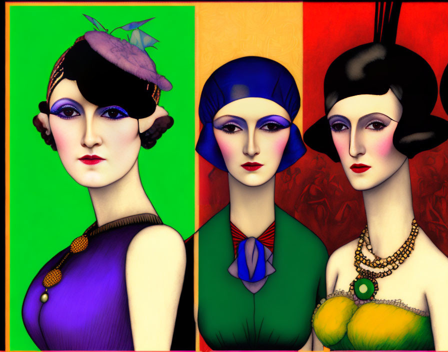 Stylized female figures in 1920s fashion on vibrant background