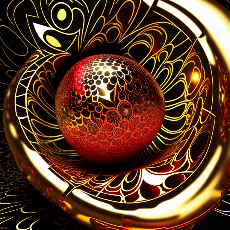 Red Textured Sphere on Golden Fractal Pattern with Loops and Swirls